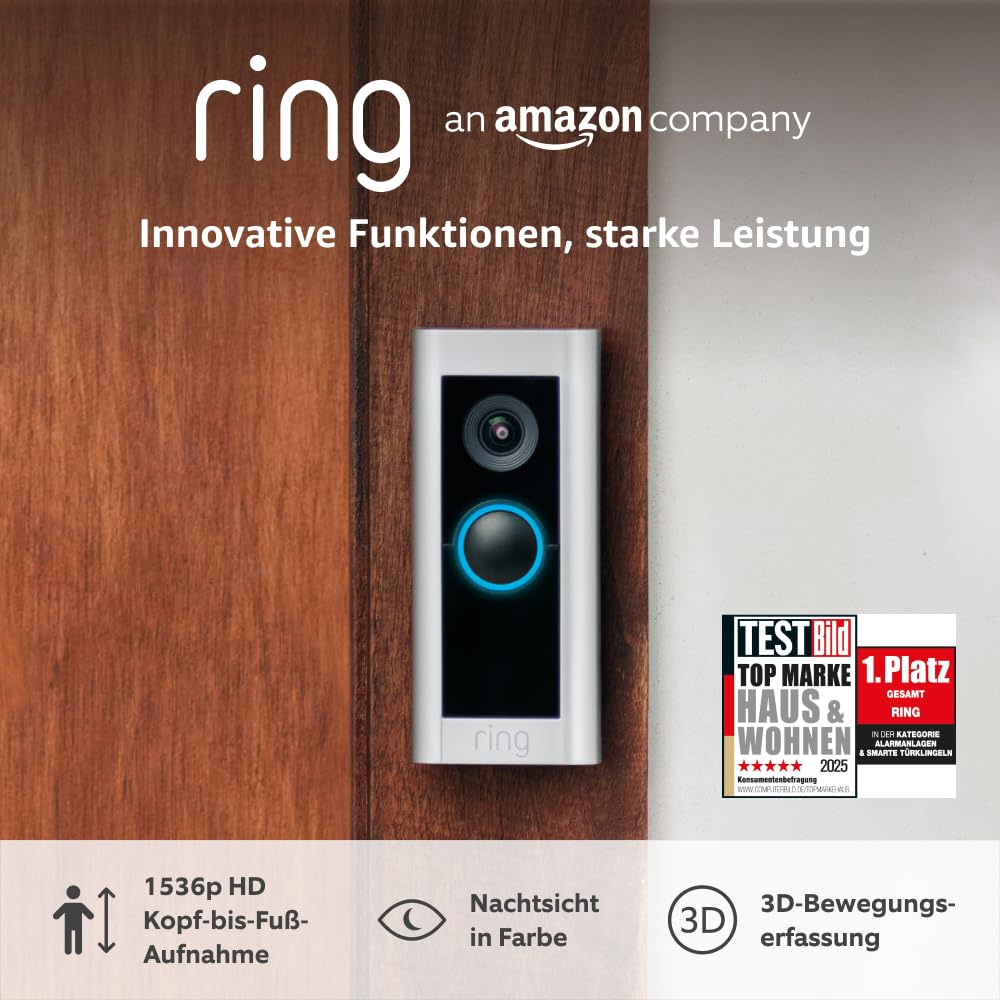 Ring Videotürklingel Pro Kabel (bisher: Video Doorbell Pro 2) von Amazon | Klingel mit Kamera, 1536p-HD-Video, Kopf-bis-Fuß-Aufnahme, 3D-Bewegungserfassung, WLAN, festverdrahtet
