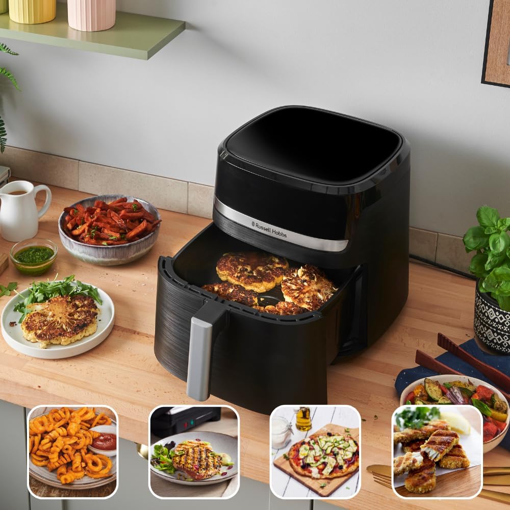 Russell Hobbs SatisFry 27632-56 Hot Air Fryer XXL 8.3 L Compact Housing, Very Quiet, Pizza Diameter 26 cm (9 Programmes, Dishwasher Safe, Fryer without Oil, TouchScreen, Grilling, Baking)