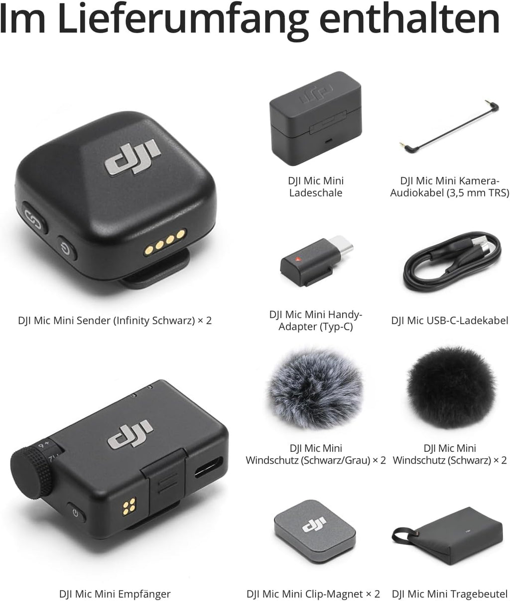 DJI Mic Mini (2 Transmitters, 1 Receiver, Charging Cradle), Wireless Lavalier Microphone, Bluetooth Microphone, OsmoAudio, 48 Hours Use, Mini Microphone for Mobile Phone/Camera, iPhone, Android, Vlog