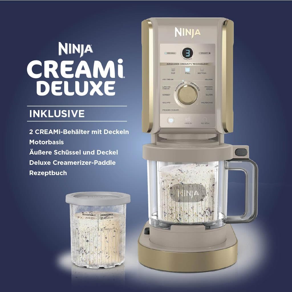 Ninja CREAMi Deluxe Eismaschine mit 2 Behältern, 10 Funktionen, Dessert & Ice Cream Maker für Eiscreme, Sorbet, Frozen Joghurt, Milchshakes, Slushi, 2-in-1 Geschmacksoption, Stone Gold, NC502EUSTGD