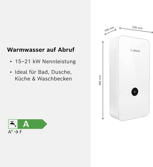 Bosch Tronic Line Electronically Controlled Instantaneous Water Heater 15/18/21 kW - Switchable, Pressure-Resistant, Continuous Temperature Selection, Modern Glass Look, White [Energy Class A]