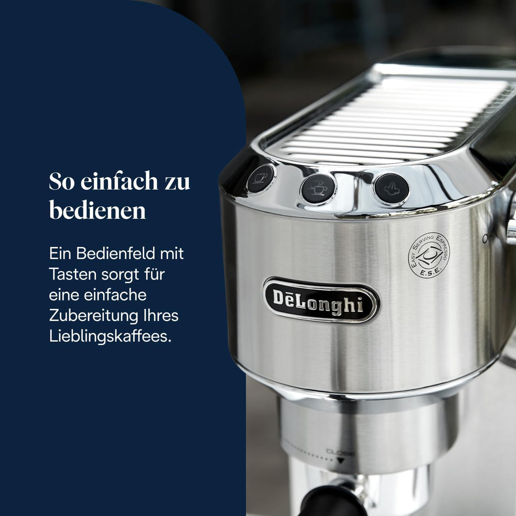 De'Longhi Dedica Style EC 685.M Espresso Filter Holder Espresso Machine with Professional Milk Foam Nozzle 15 cm Wide 1 Litre Water Tank Full Metal Casing E.S.E Pads Silver