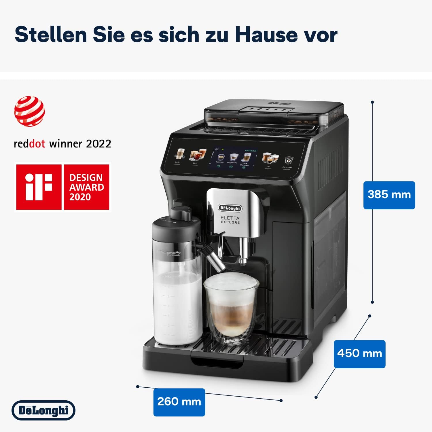 De'Longhi Eletta Explore - Perfetto Fully Automatic Coffee Machine with LatteCrema Milk Frother, 40 Drinks at the Touch of a Button, Coloured Touch Display, Dark Grey (ECAM452.57.G)