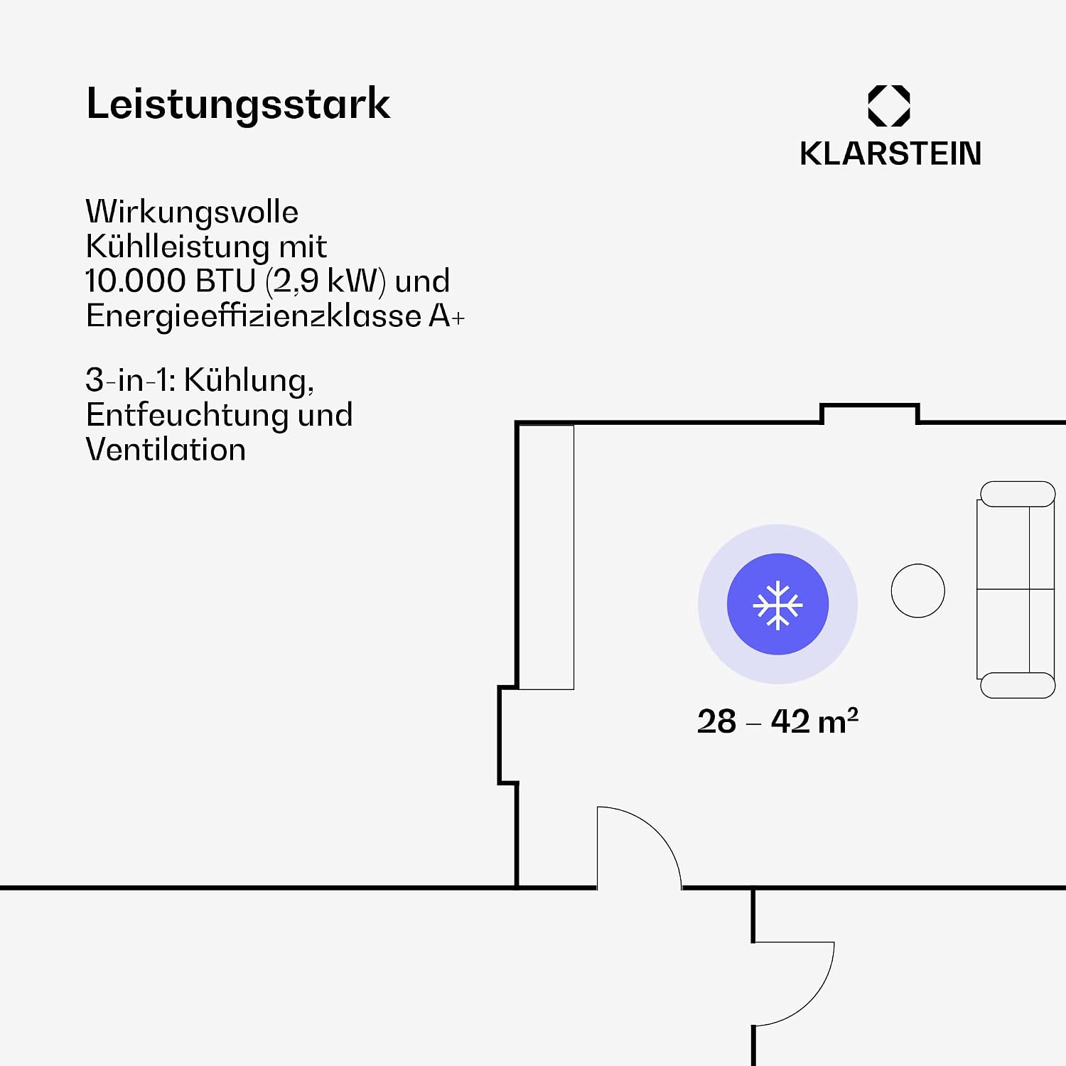 Klarstein Mobile Klimaanlage mit Abluftschlauch, 4-in-1 Klimagerät mit Ventilator, Luftentfeuchter & Nachtmodus, Kleine & Portable Klimaanlage für Wohnung & Büro, Niedriger Verbrauch, 10000 BTU