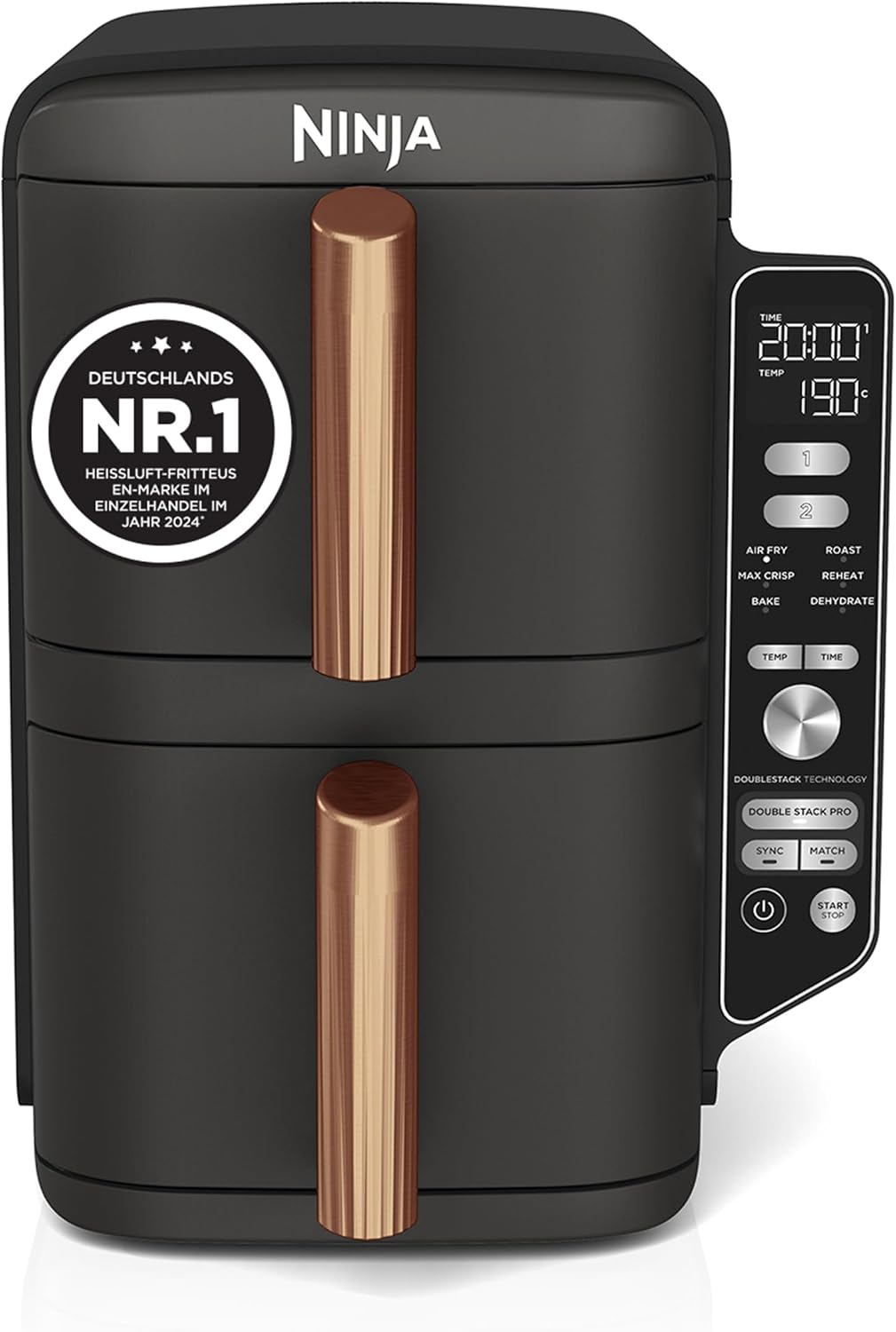 Ninja Double Stack XL Hot Air Fryer, 2 Vertical Drawers, 4 Cooking Levels, 2 Slots, Space Saving Design, 9.5L Capacity, 6 Functions, 8 Servings, Tongs, Black/Copper SL400EUCP