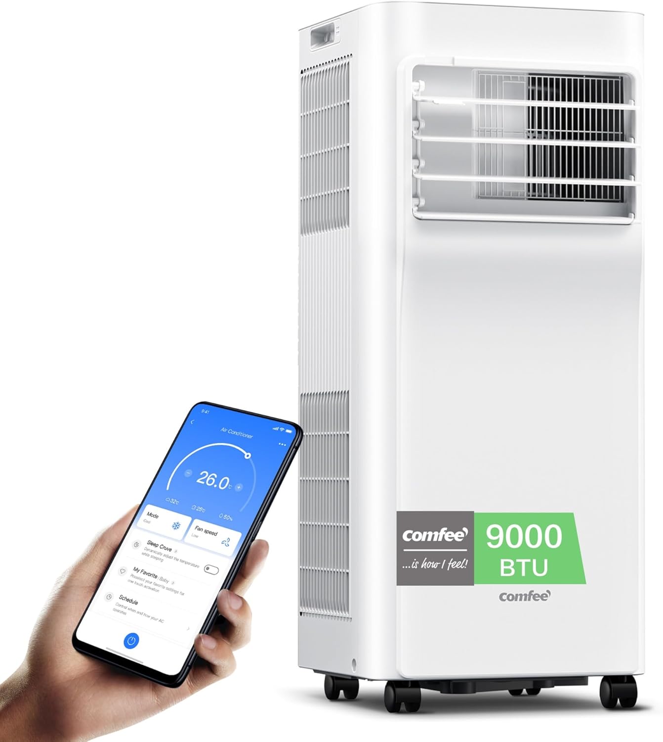 Comfee Breezy Cool Pro 2.6 Mobile Air Conditioner, 9,000 BTU, 2.6 kW, Cooling, Ventilating & Dehumidifying, App Control, Room Size up to 88 m³ (33 m²), with Exhaust Hose