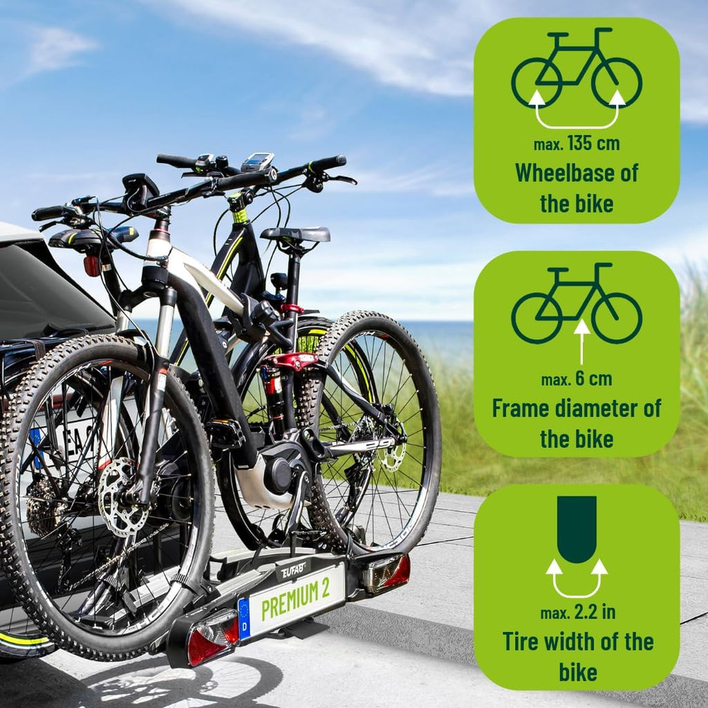 EUFAB 11521 Fahrradträger PREMIUM 2, E-Bike geeignet, komplett vormontiert, Diebstahlschutz, für 2 Fahrräder, für Anhängekupplung, Schwarz, Silber