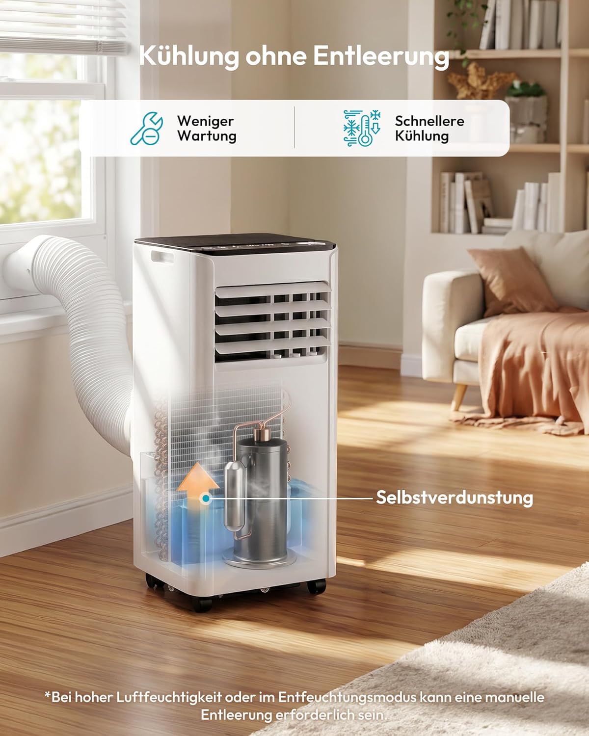 Mobile Air Conditioner 9000 BTU with Exhaust Hose, 4-in-1 Mobile Air Conditioner, Quiet Operation, Digital Display + Remote Control, Window Installation Set, 24-Hour Timer, For Rooms up to 25 m²