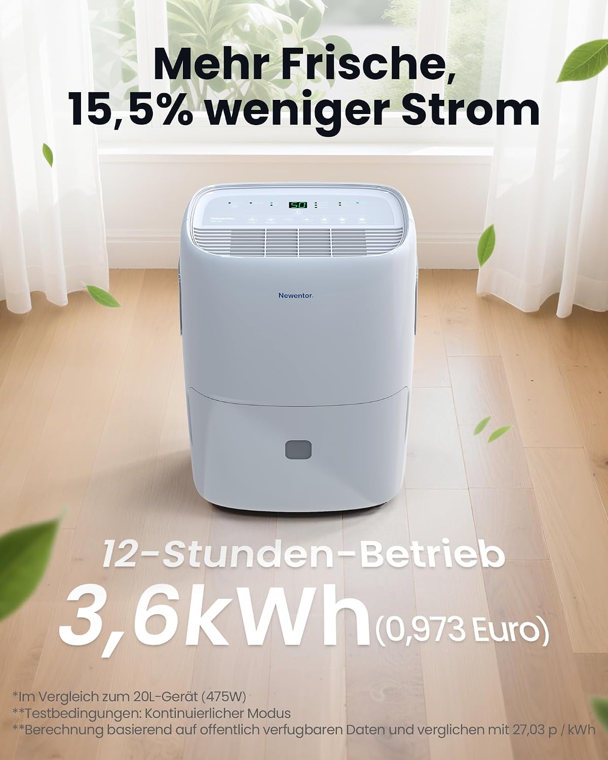 Newentor Electric Dehumidifier, 25 L, Dehumidifier Electric Cellar, Room Dehumidifier for Home for 215 m³/80 m², with Timer, Filter and 1 m Drain Hose, 10 J.