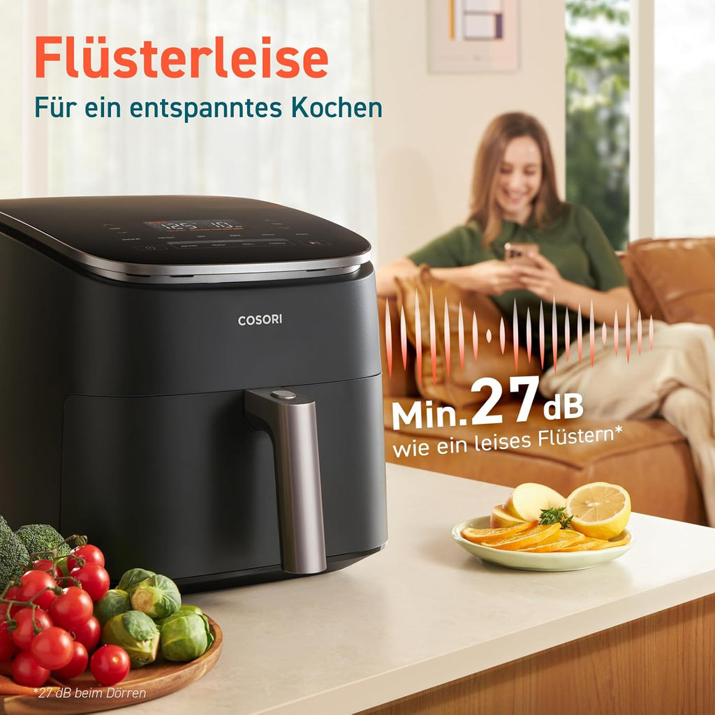 Cosori TurboBlaze Airfryer, 9-in-1 Air Fryer XXL 6L, quiet DC motor with 5 fan speeds, Roast, Grill, Bake, Proof, Dehydrate, Frozen, 87 recipes, 64% energy saving, 95% less oil, even&crispy results
