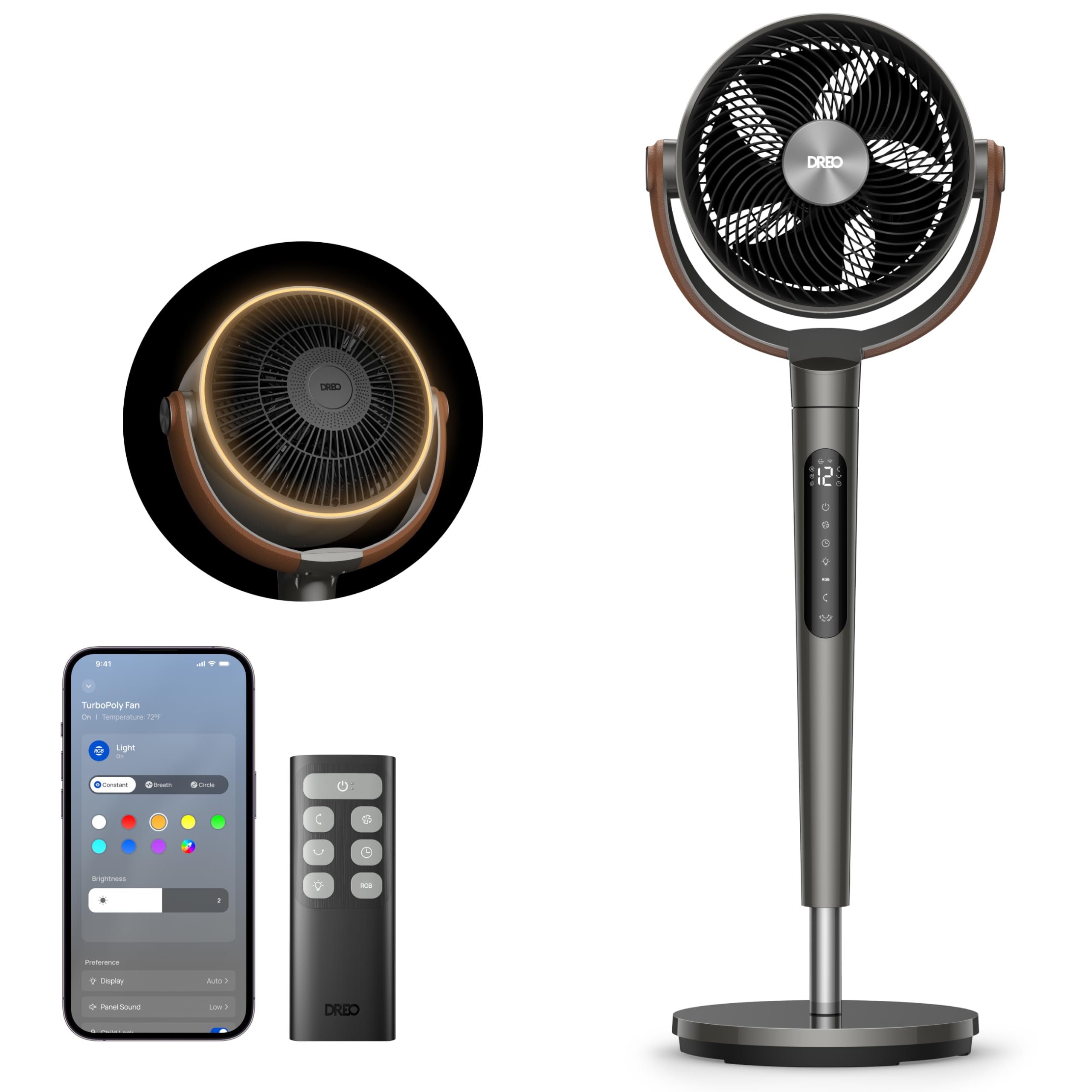 DREO 20dB Quiet Smart Floor Fan for Bedroom with RGB LED, 150° + 120° Oscillation, 30 m Air Circulation Fan and 2209 m³/h Air Volume, 12 Speeds, 6 Modes, 94-107 cm Height, WLAN & Alexa