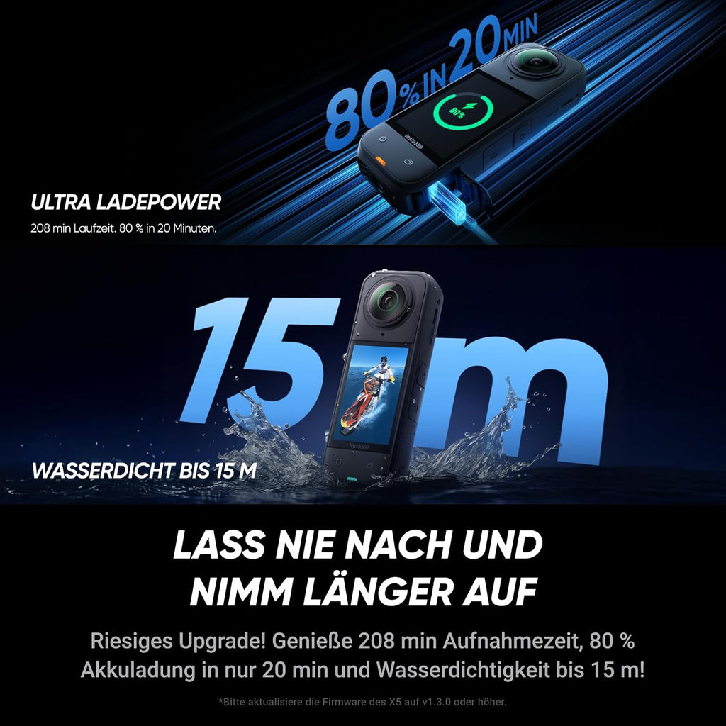 Insta360 X5 Must-Have Bundle, Waterproof 8K 360° Camera, Low Light Lead, Invisible Selfie Stick Effect, Robust & Replaceable Lenses, 3 Hour Battery, Integrated Wind Protection, Stabilisation