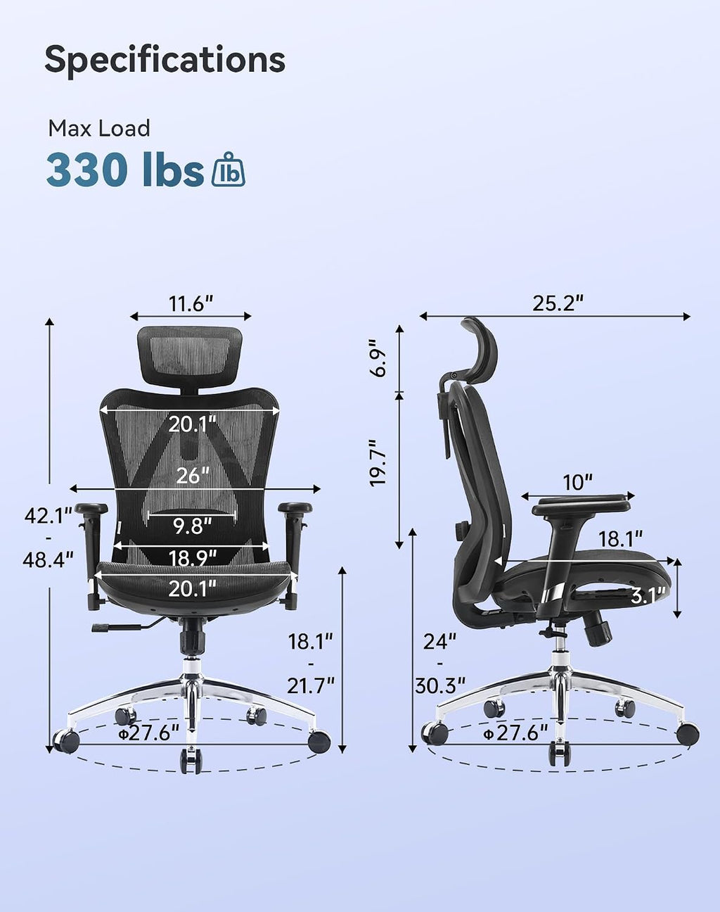 SIHOO Ergonomic Desk Chair, Swivel Chair with Adjustable Lumbar Support, Headrest and Armrest, Height Adjustment and Rocker Function, Back-Friendly, Office Chair Load Capacity: up to 150 kg (330 lbs)