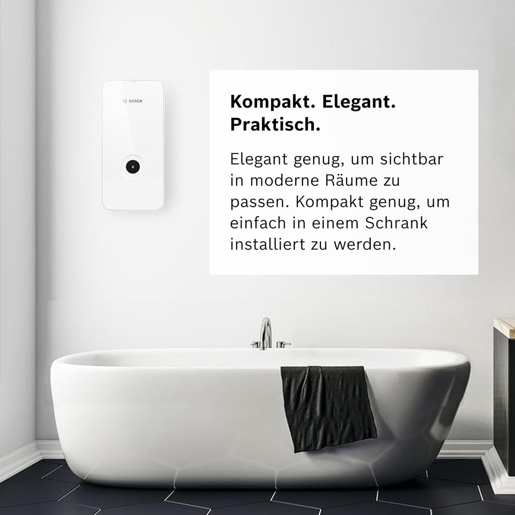 Bosch Tronic Line Electronically Controlled Instantaneous Water Heater 15/18/21 kW - Switchable, Pressure-Resistant, Continuous Temperature Selection, Modern Glass Look, White [Energy Class A]