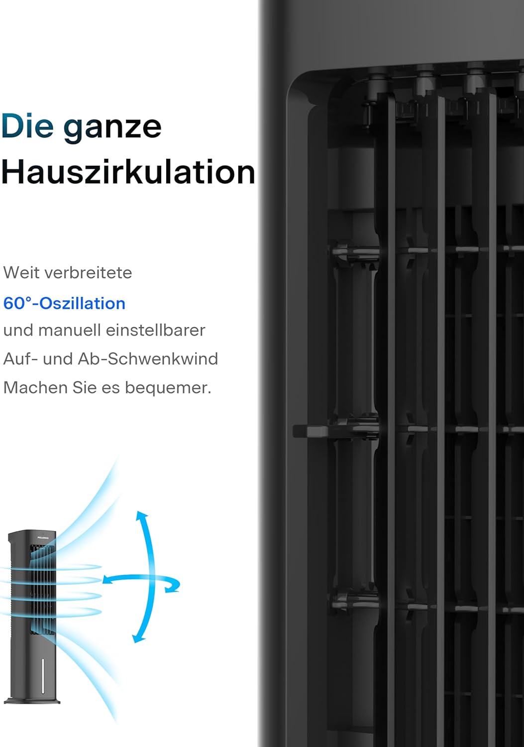 PELONIS 5L Verdunstungskühler mit Fernbedienung, 3-in-1 Tragbarer Luftkühler, Ventilator, Luftbefeuchter & Automatische Oszillation, 3 Stufen Timer 7H, 2 Kühlpads für Zuhause und Büro