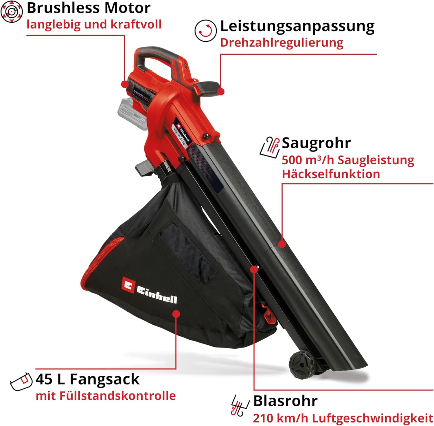 Einhell Venturro 18/210 Power X-Change Cordless Leaf Vacuum Cleaner (Li-Ion, 18 V, Suction Power 500 m³/h, Collection Bag 45 L, Blow Function up to 210 km/h, without Battery and Charger)