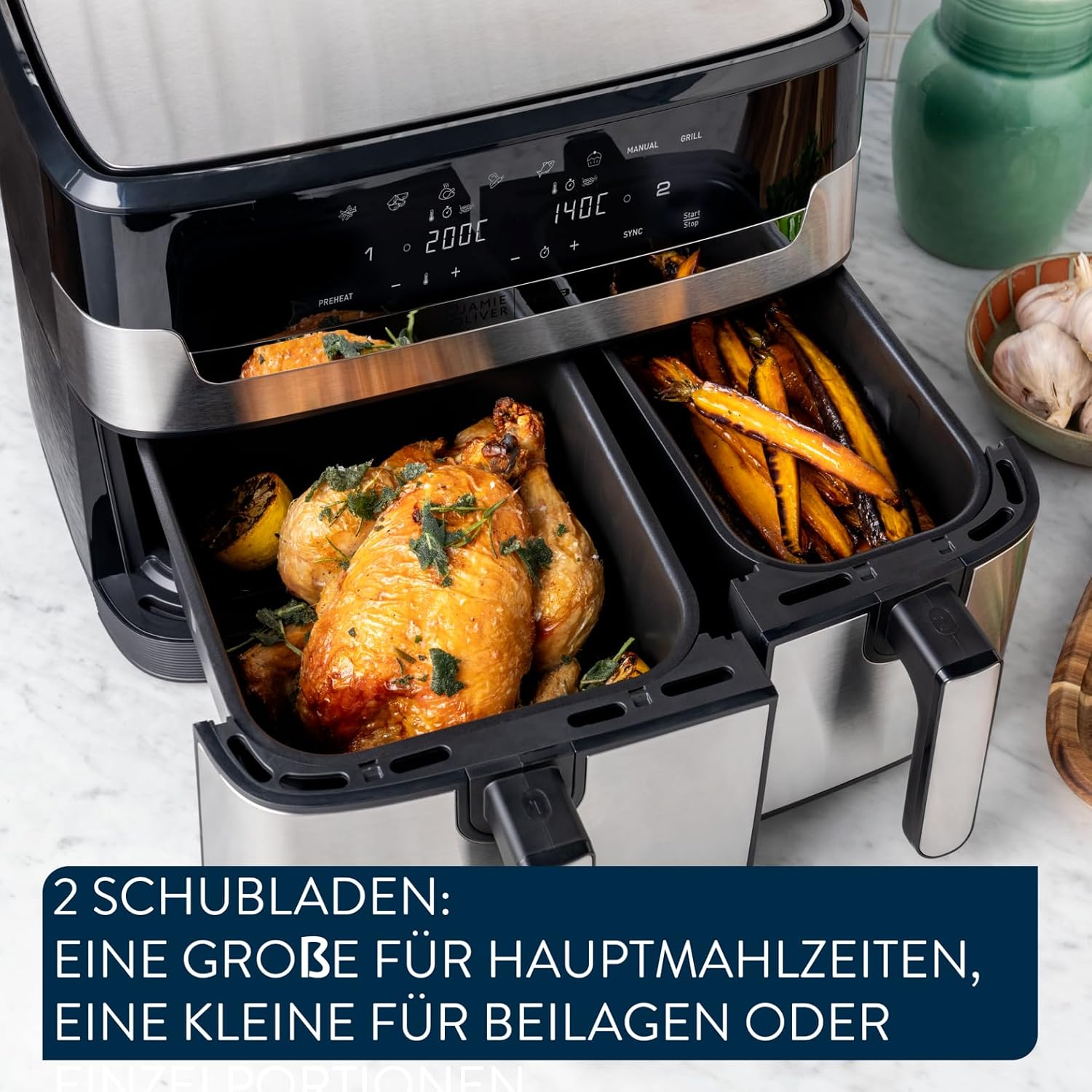 Jamie Oliver by Tefal Dual Drawer Heißluftfritteuse 8,3 L – Airfryer mit 2 Kammern & Grillfunktion, 8 Programme, Sync-Modus für gleichzeitiges Garen, fettarm frittieren & energiesparend EY90JDE1