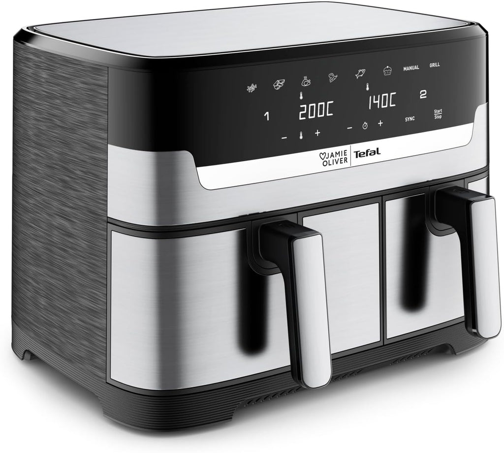 Jamie Oliver by Tefal Dual Drawer Heißluftfritteuse 8,3 L – Airfryer mit 2 Kammern & Grillfunktion, 8 Programme, Sync-Modus für gleichzeitiges Garen, fettarm frittieren & energiesparend EY90JDE1