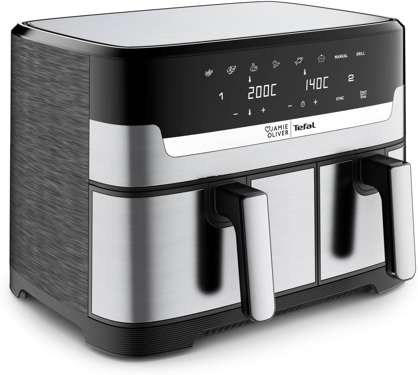 Jamie Oliver by Tefal Dual Drawer Heißluftfritteuse 8,3 L – Airfryer mit 2 Kammern & Grillfunktion, 8 Programme, Sync-Modus für gleichzeitiges Garen, fettarm frittieren & energiesparend EY90JDE1