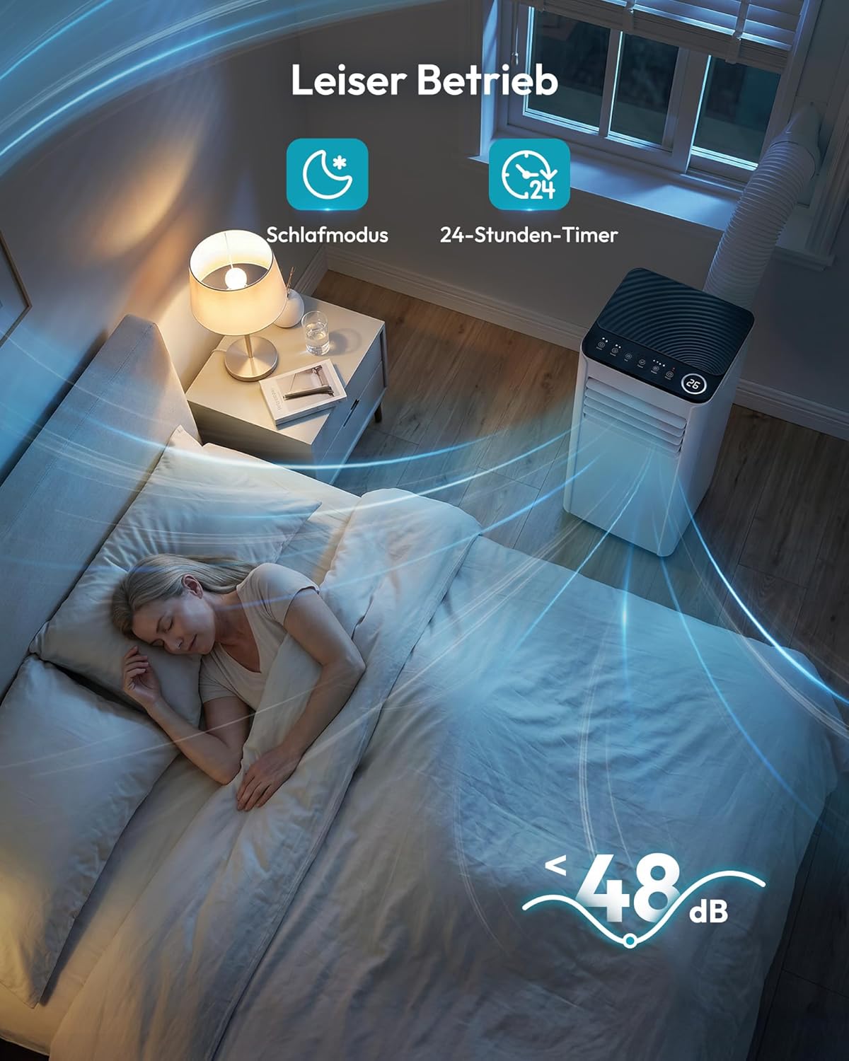 Mobile Air Conditioner 9000 BTU with Exhaust Hose, 4-in-1 Mobile Air Conditioner, Quiet Operation, Digital Display + Remote Control, Window Installation Set, 24-Hour Timer, For Rooms up to 25 m²