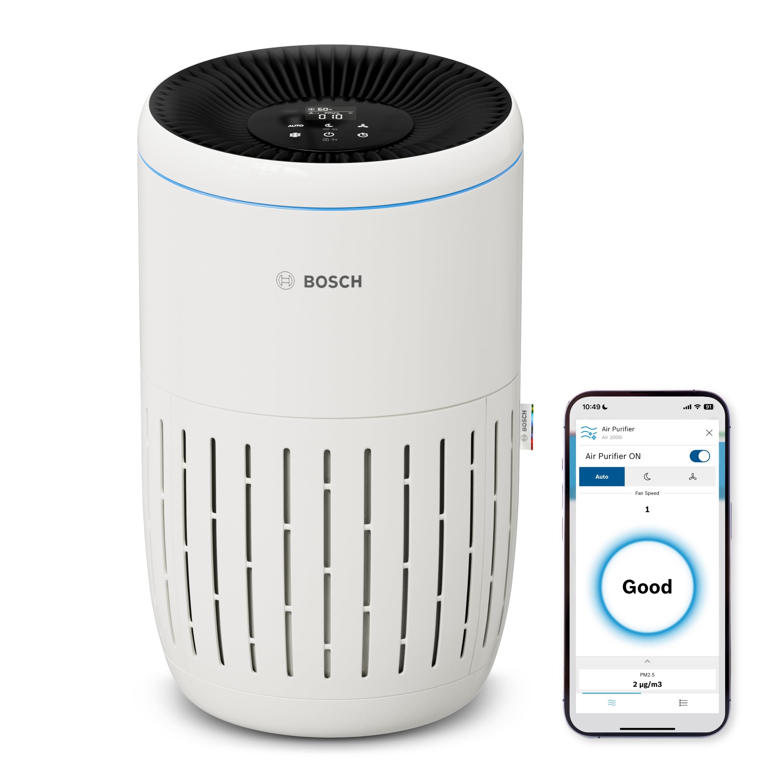 Bosch Air 4000i App-Controlled Air Purifier - For Rooms up to 62.5 m² - Removes Pollutants - With 3-in-1 Air Filter, Smart Sensor, Automatic Mode, Sleep Mode (< 25 dB(A)) - CADR: 300 m³/h
