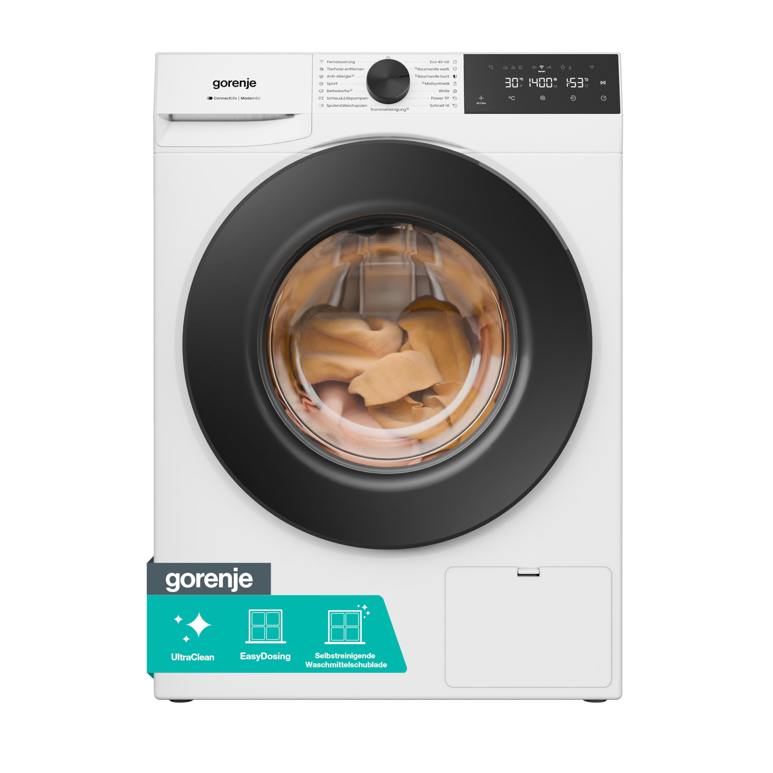 Gorenje WPNEI74A1TS Waschmachine mit Dampffunktion/ConnectLife / 7Kg / 1400 U/min / 15 Programme/Totaler AquaStop/WaveActive Trommel/ExtraHygiene/PowerWash/Schnell Waschgang/Weiß/EEK: A-10%