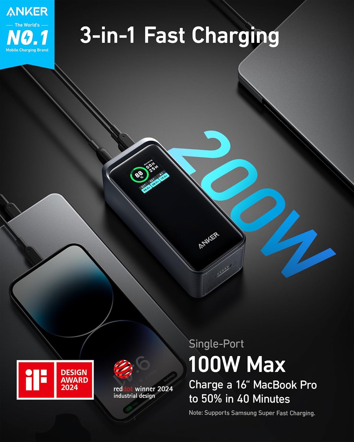 Anker Prime Power Bank, 72 Wh External Battery with 200 W Power, Digital Display, 2 x USB-C and 1 x USB-A Port, Compatible with iPhone 17/16/15/14 Series, Samsung, MacBook, Dell, and More