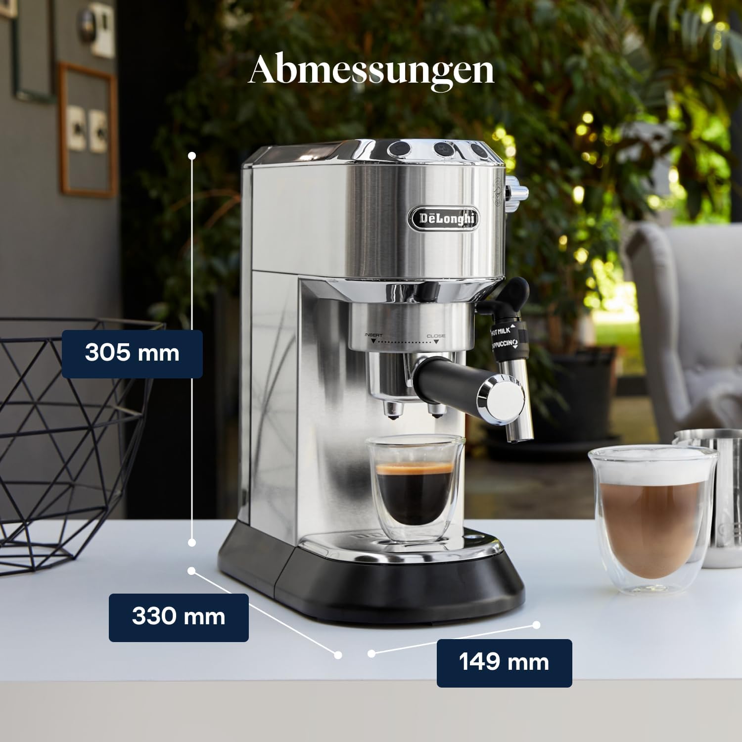 De'Longhi Dedica Style EC 685.M Espresso Filter Holder Espresso Machine with Professional Milk Foam Nozzle 15 cm Wide 1 Litre Water Tank Full Metal Casing E.S.E Pads Silver