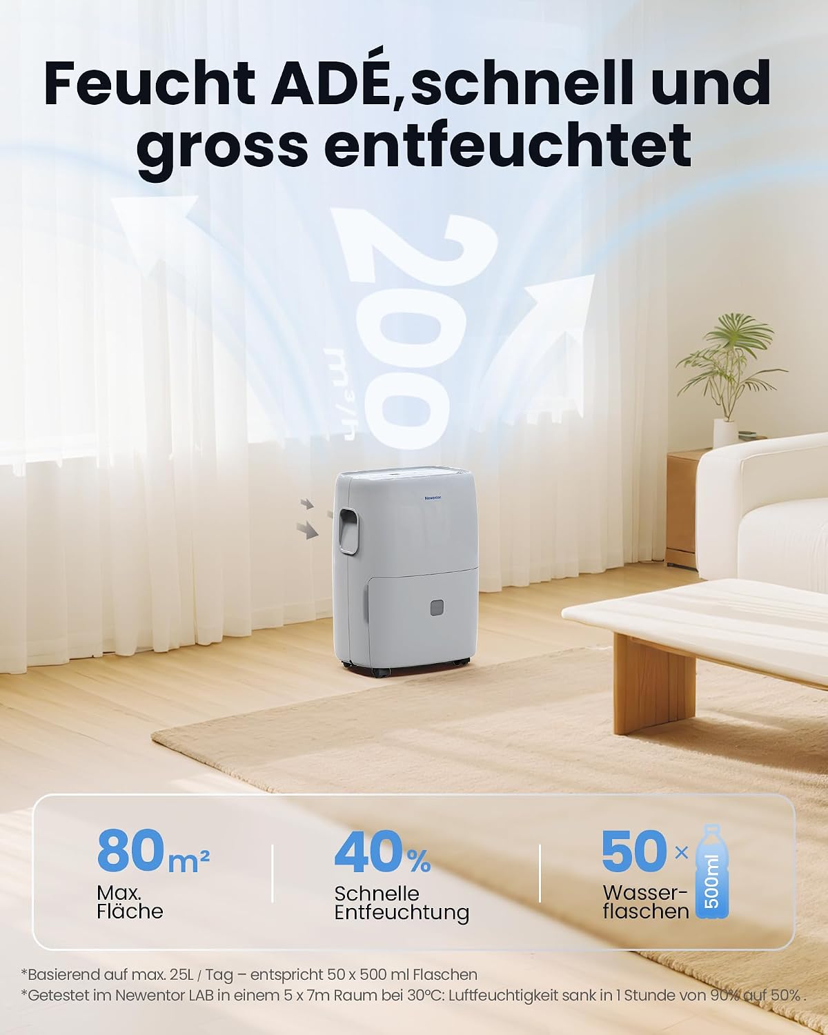 Newentor Electric Dehumidifier, 25 L, Dehumidifier Electric Cellar, Room Dehumidifier for Home for 215 m³/80 m², with Timer, Filter and 1 m Drain Hose, 10 J.