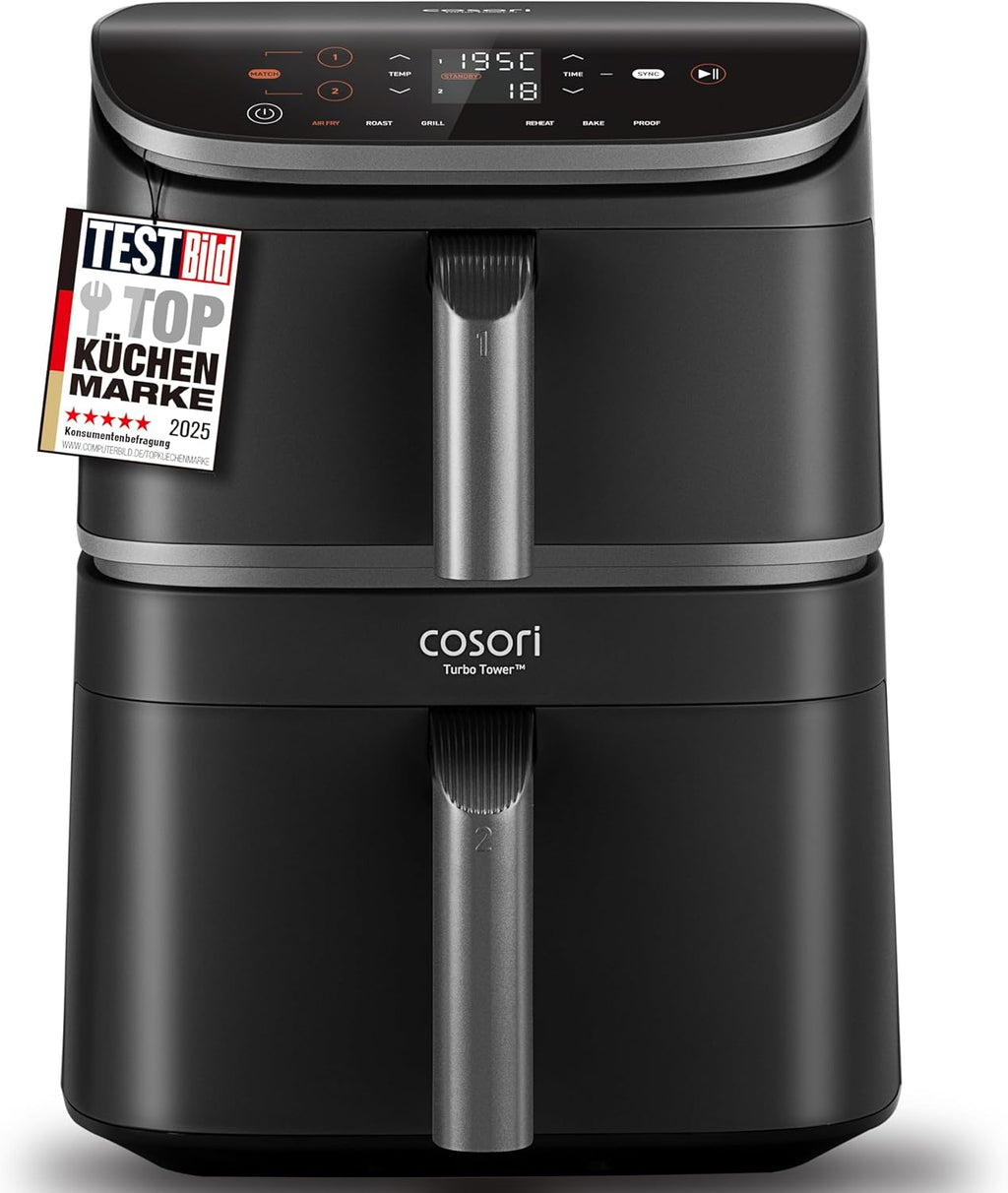 COSORI Airfryer, Hot Air Fryer, 2 Chambers, 10.8 L Hot Air Fryer, Innovative Multiple Air Speed, Saves 41 Percent Space, Includes Recipe Book and Stainless Steel Grate, Silver Grey