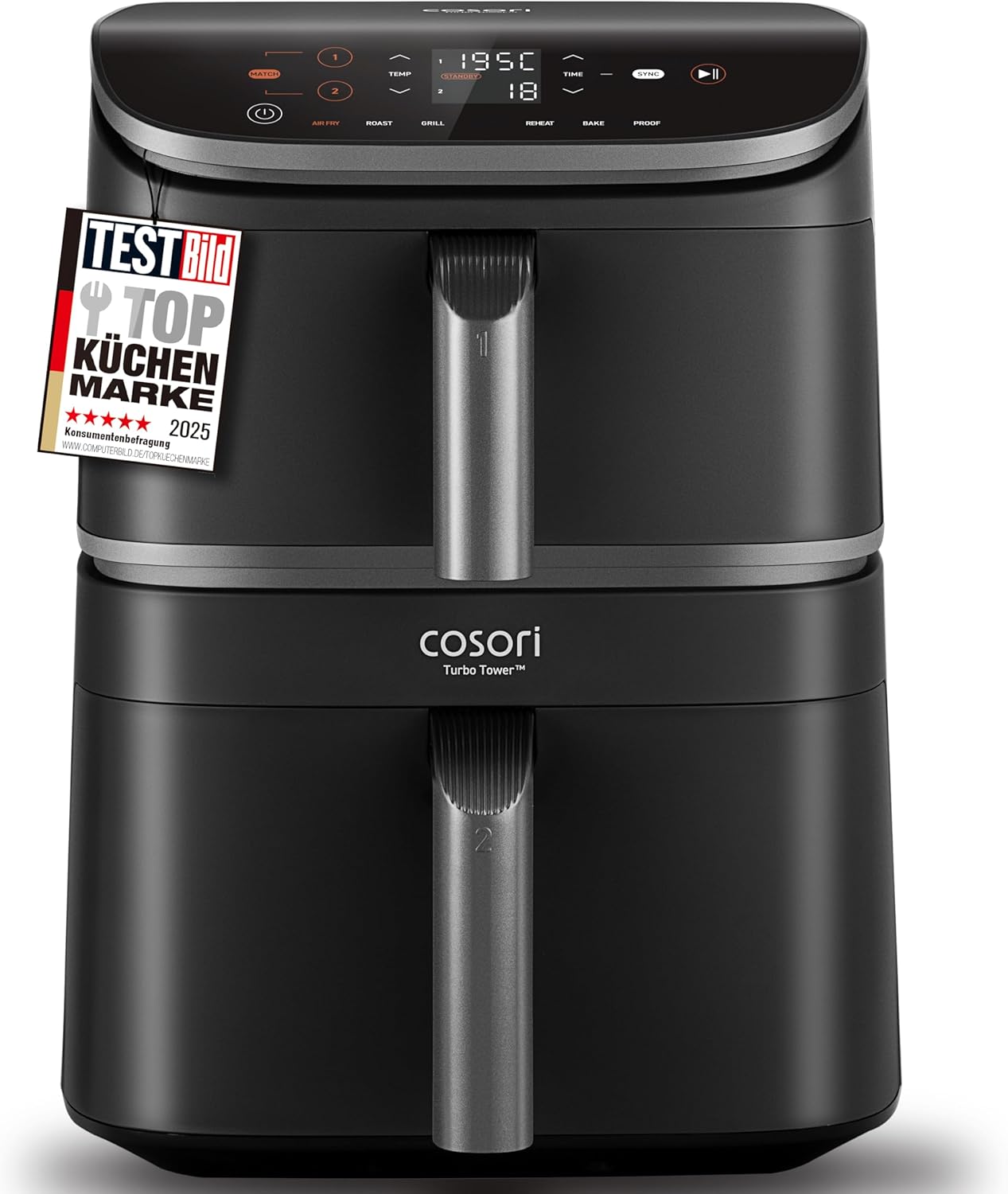 COSORI Airfryer, Hot Air Fryer, 2 Chambers, 10.8 L Hot Air Fryer, Innovative Multiple Air Speed, Saves 41 Percent Space, Includes Recipe Book and Stainless Steel Grate, Silver Grey