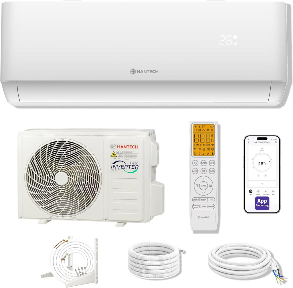 HANTECH H-PRO Split Air Conditioner 12000 BTU for Rooms up to 45 m² as a Complete Set with Copper Lines - Air-to-Air Heat Pump Technology - Smart Home Compatible, WiFi - Heating, Cooling, Dehumidifying