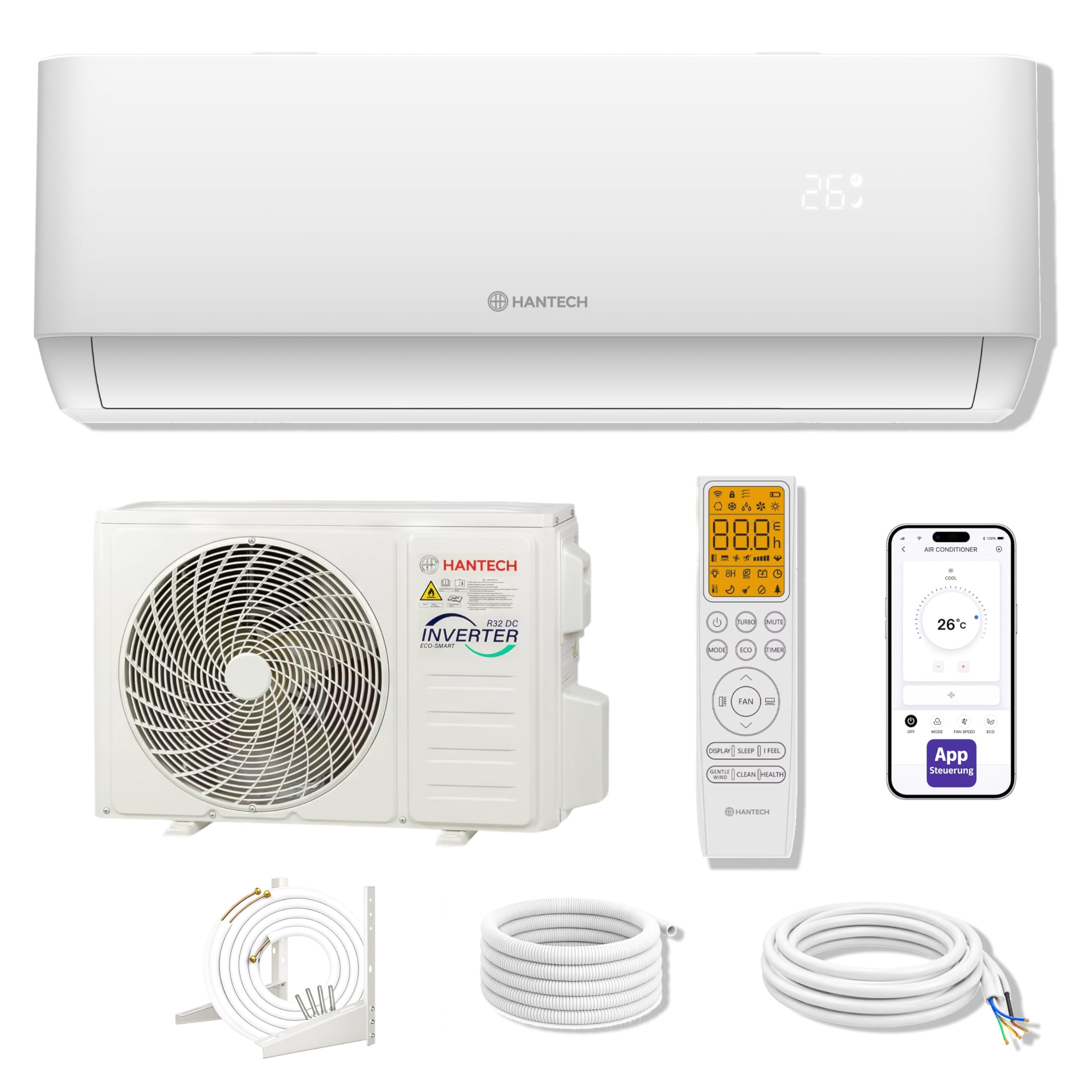 HANTECH H-PRO Split Air Conditioner 12000 BTU for Rooms up to 45 m² as a Complete Set with Copper Lines - Air-to-Air Heat Pump Technology - Smart Home Compatible, WiFi - Heating, Cooling, Dehumidifying