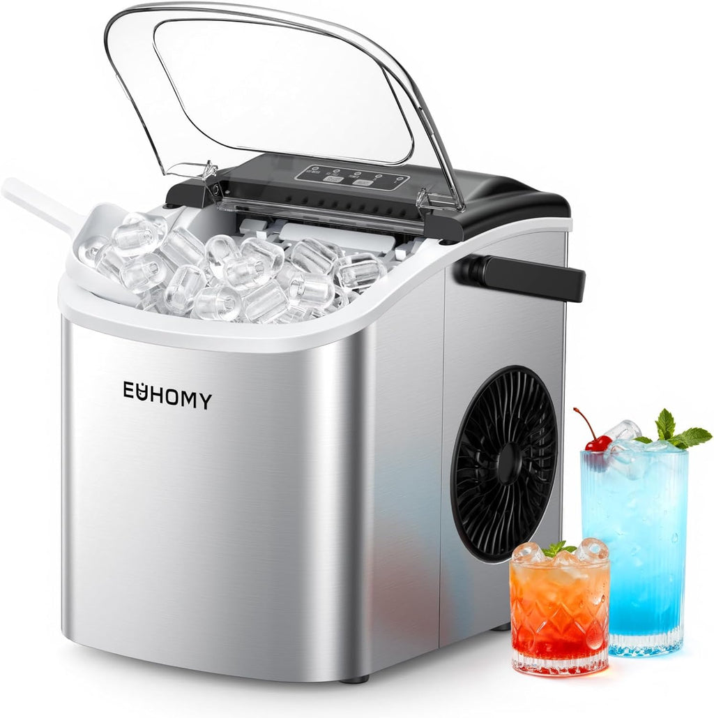 EUHOMY Small Ice Cube Machine, 9 Ice Cubes in 6 Minutes, 12 kg/24 H, Stainless Steel Ice Cube Machine with Portable Handle, Self-Cleaning Compact Ice Cube Machines for Home/Kitchen/Office/Bar