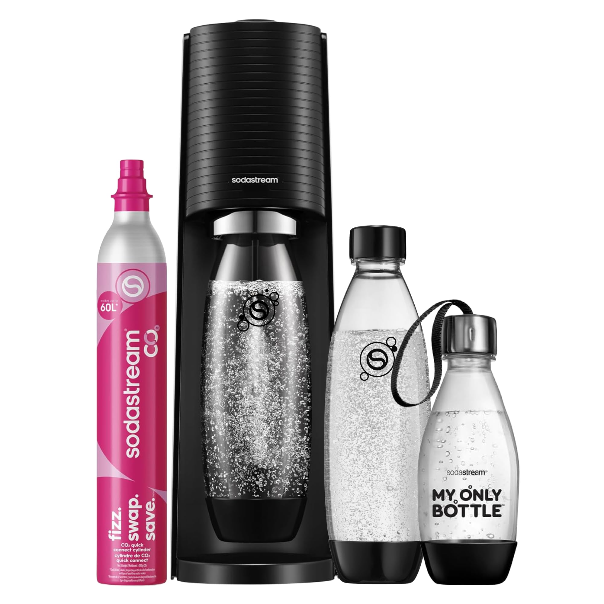 SodaStream TERRA Promopack Water Carbonator with CO2 Cylinder and 3 x 1 L Dishwasher-Safe Plastic Bottles, Height 44 cm, Black