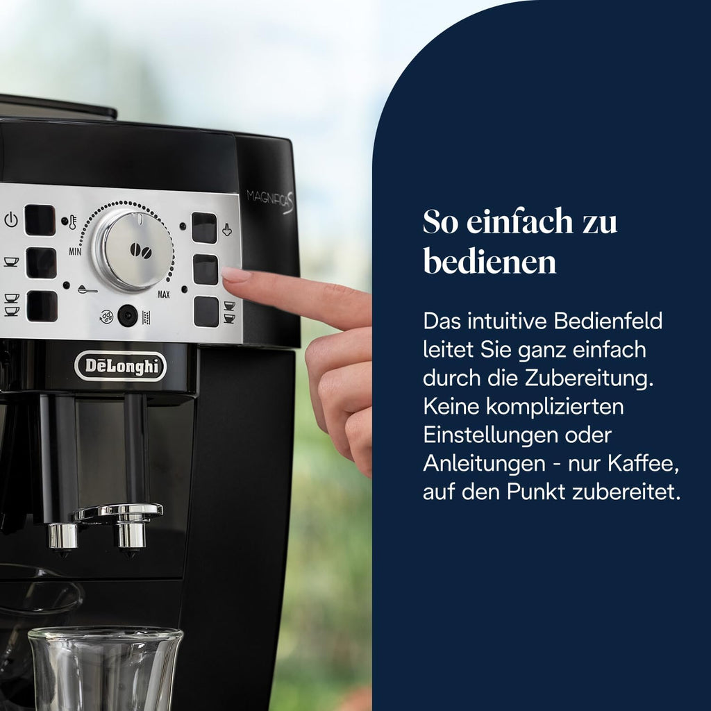 De'Longhi Magnifica S ECAM 22.110.B fully automatic coffee machine with milk frother for cappuccino, with espresso direct selection buttons and rotary control, 2-cup function, 1.8 liter water tank, black / silver