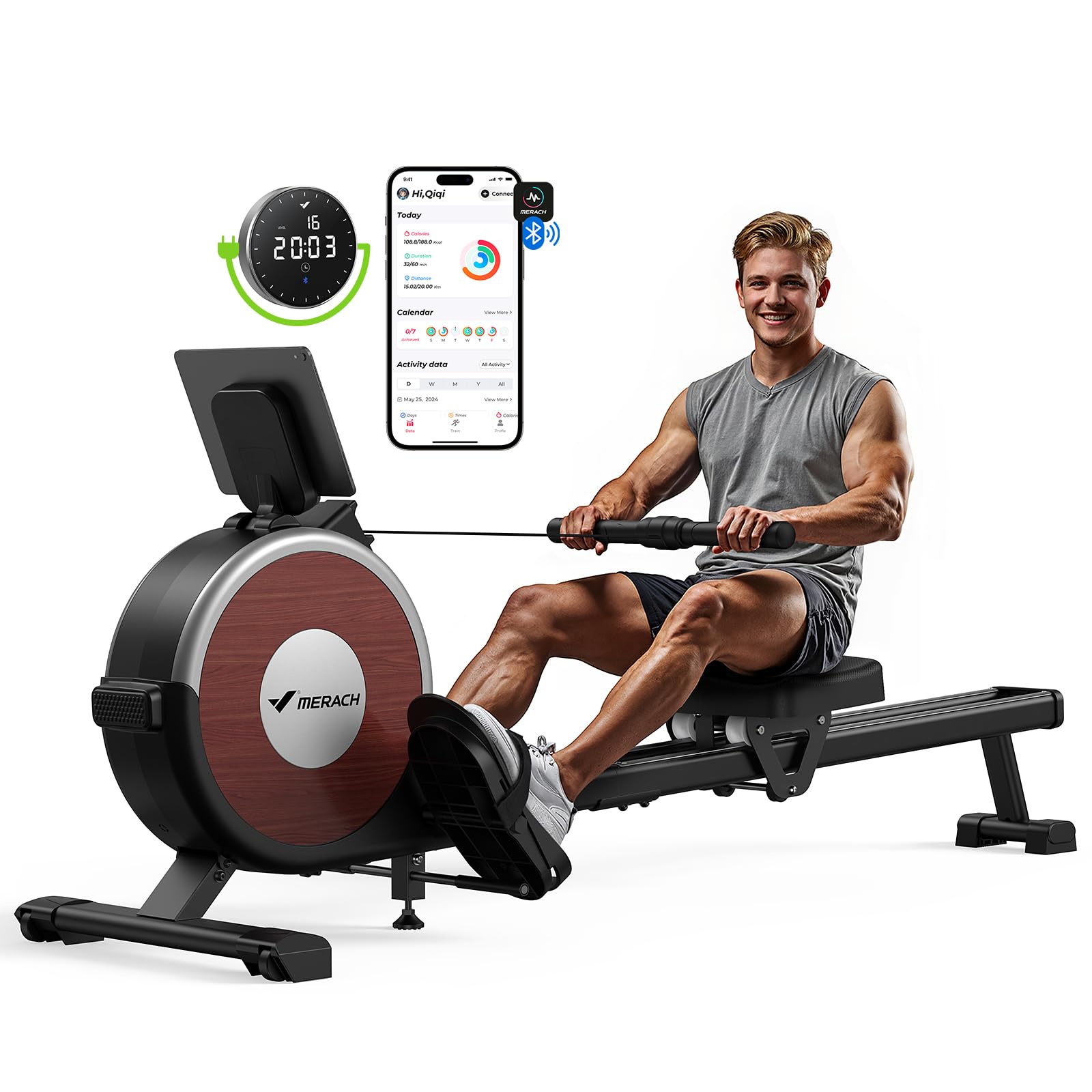 MERACH Home Rowing Machine, 16 Resistance Levels, Quiet Magnetic Rowing Machine, Connected via App, Improved Double Rails for More Stability, Easy Assembly (Grey)
