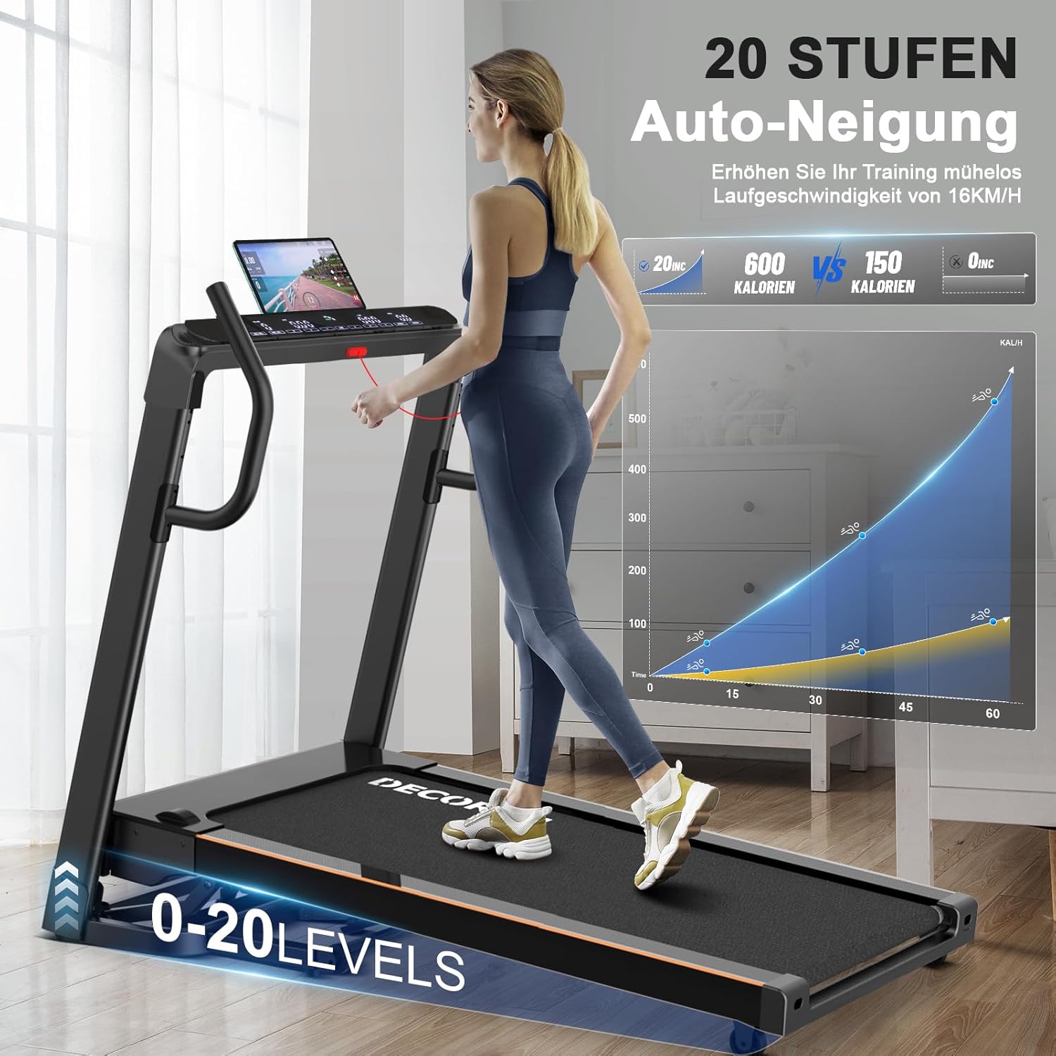 Decorcn Laufband: 4,5 PS, klappbar, 16 km/h, Steigung, LCD & Bluetooth ✨