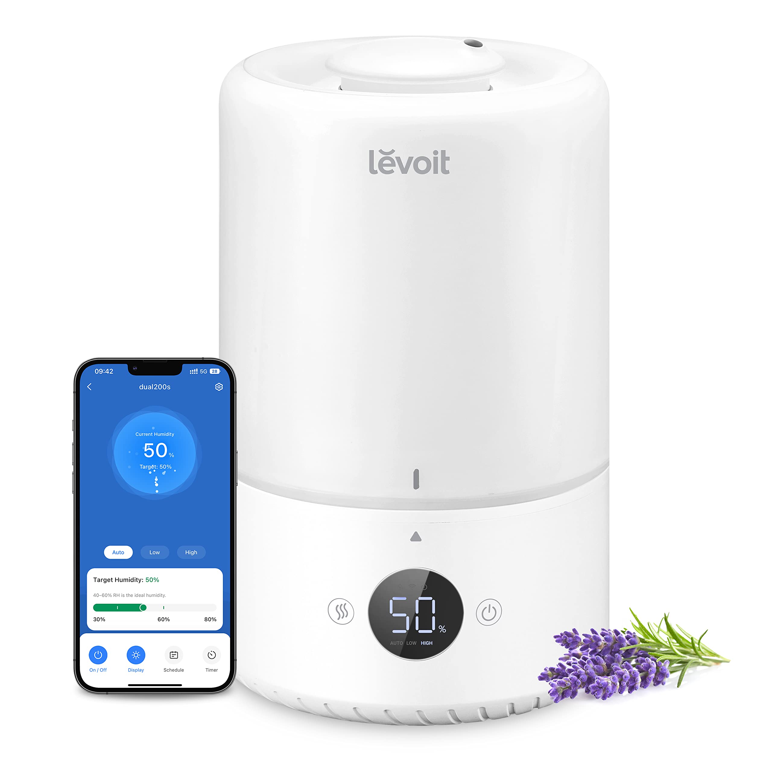 Levoit Smart Luftbefeuchter für große Räume, Top-Fill Humidifier, Warm&Kalter Nebel max 550 ml/h, bis 40㎡, leise Raumbefeuchter mit Nachtlicht für Pflanzen, Auto Shut-off, 4,5 L, Mondweiß