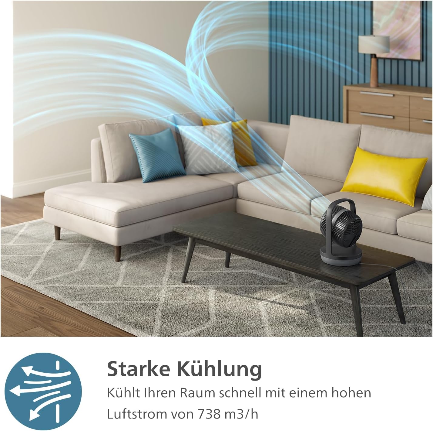 PHILIPS oszillierender Tischventilator Serie 3000, stark & superleise mit SilentWings-Technologie mit 23 dB, leicht zu tragen, Neigung 180°, Timer, schwarz (CX3050/01)