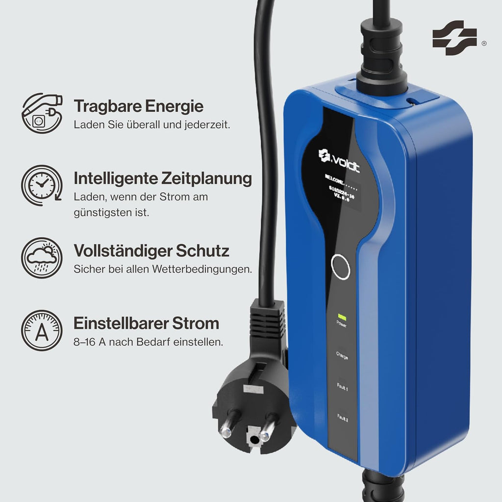 VOLDT Type 2 Charging Cable Schuko 3.7 kW, 1-Phase, 8A - 16A, Adjustable EV Charger with Controllable Digital Display for Electric Car, Charging Cable for Electric Vehicles, IP67 Waterproof (Length 5)