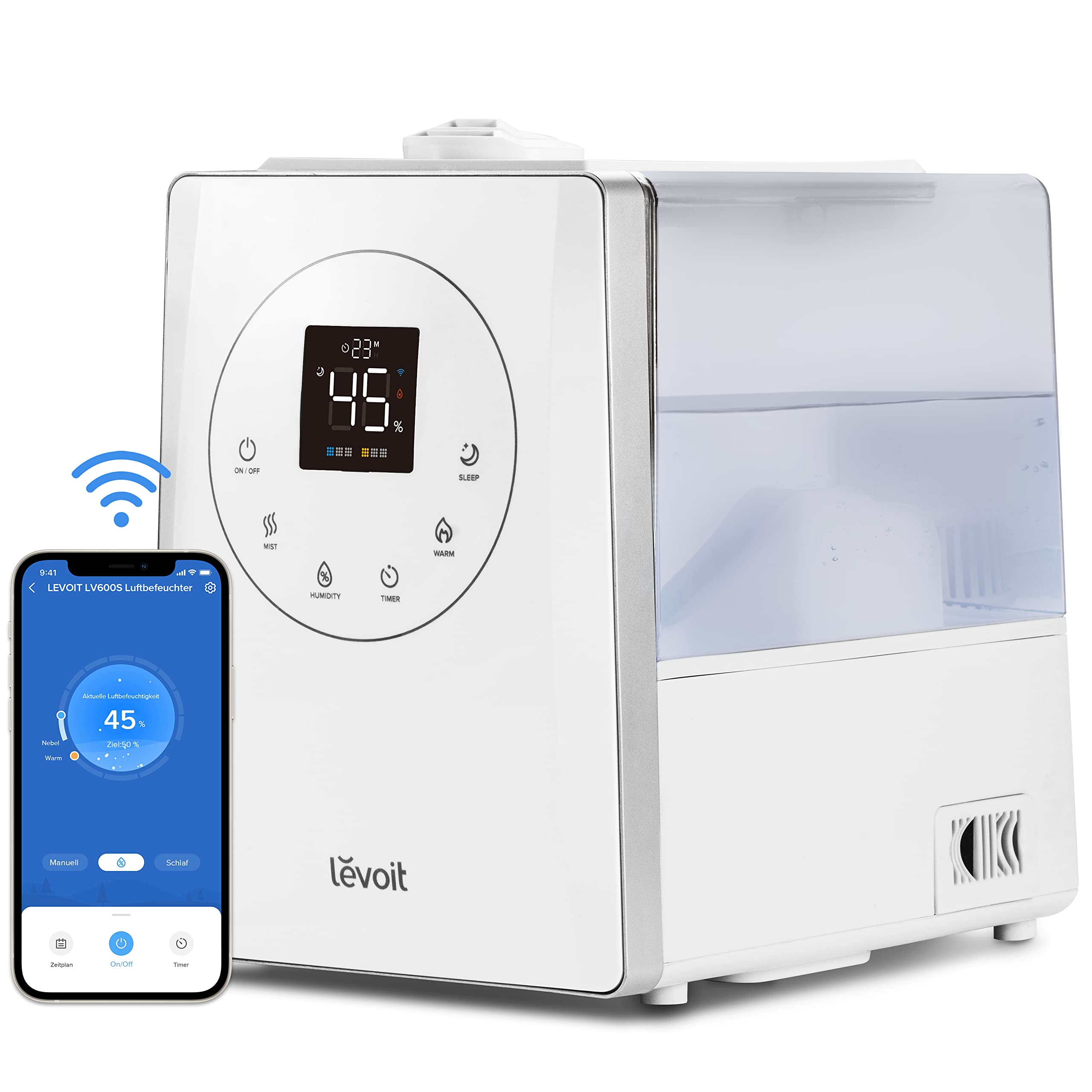 Levoit Smart Luftbefeuchter für große Räume, Top-Fill Humidifier, Warm&Kalter Nebel max 550 ml/h, bis 40㎡, leise Raumbefeuchter mit Nachtlicht für Pflanzen, Auto Shut-off, 4,5 L, Mondweiß