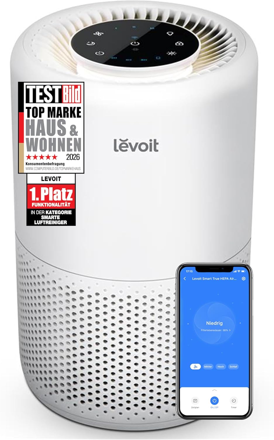 Levoit Air Purifier 3-in-1 HEPA Filter, Air Filter Against Mould, Dust, Pollen and Odours, Air Purifier for Bedroom, App Control and Timer, Sleep Mode and Night Light, up to 31.5 ㎡, Matte White
