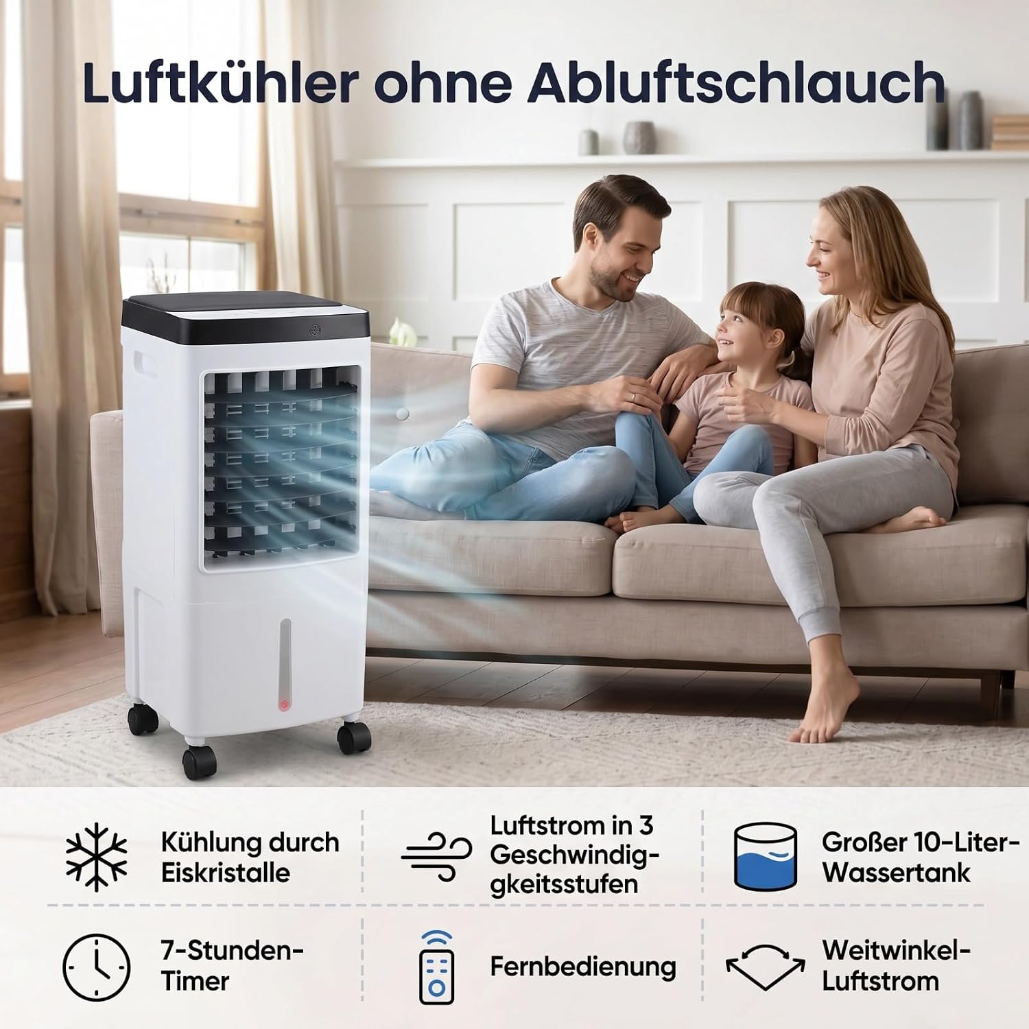 VINGVO Air Cooler Without Exhaust Hose 10 L, 65 W Mobile Air Conditioner with Water Cooling, 3 Levels Remote Control Timer, Air Cooler for Home, Office, Bedroom, Air Conditioner Mobile with Ice Pack