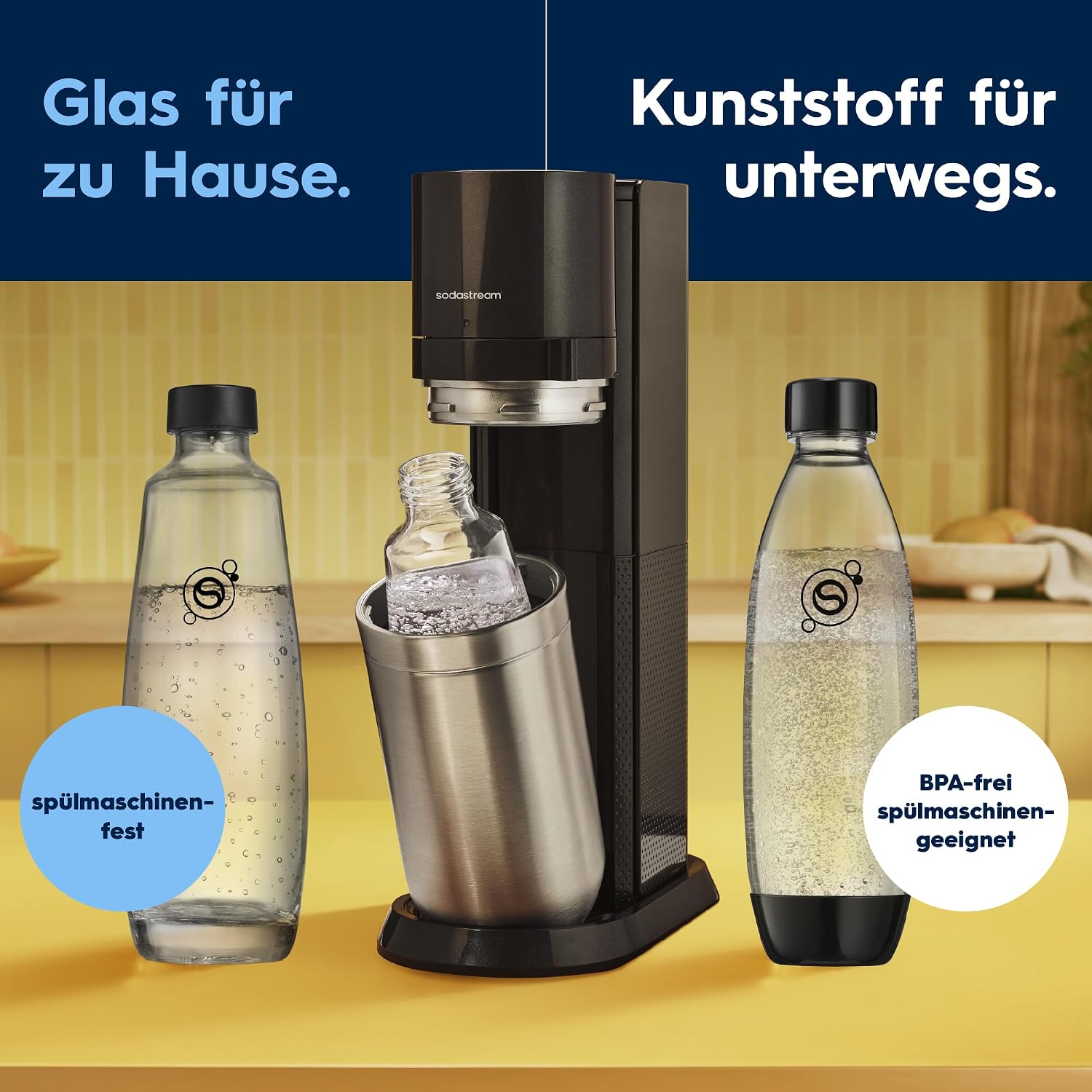 SodaStream Duo Sparkling Water Maker with CO2 Cylinder, 2x 1 Litre Class Bottles and 2x 1 Litre Dishwasher-Safe Plastic Bottles, Height: 44 cm, Colour: Titanium.