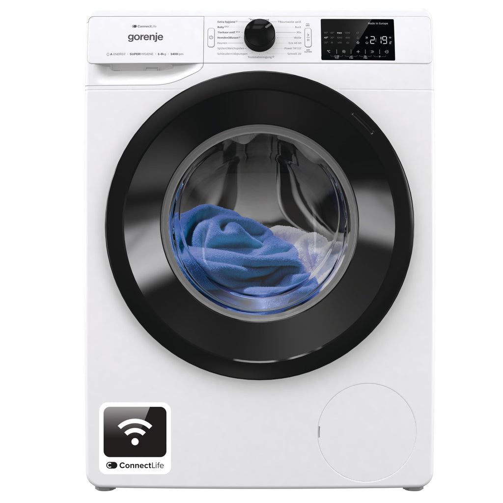 Gorenje WPNEI74A1TS Waschmachine mit Dampffunktion/ConnectLife / 7Kg / 1400 U/min / 15 Programme/Totaler AquaStop/WaveActive Trommel/ExtraHygiene/PowerWash/Schnell Waschgang/Weiß/EEK: A-10%