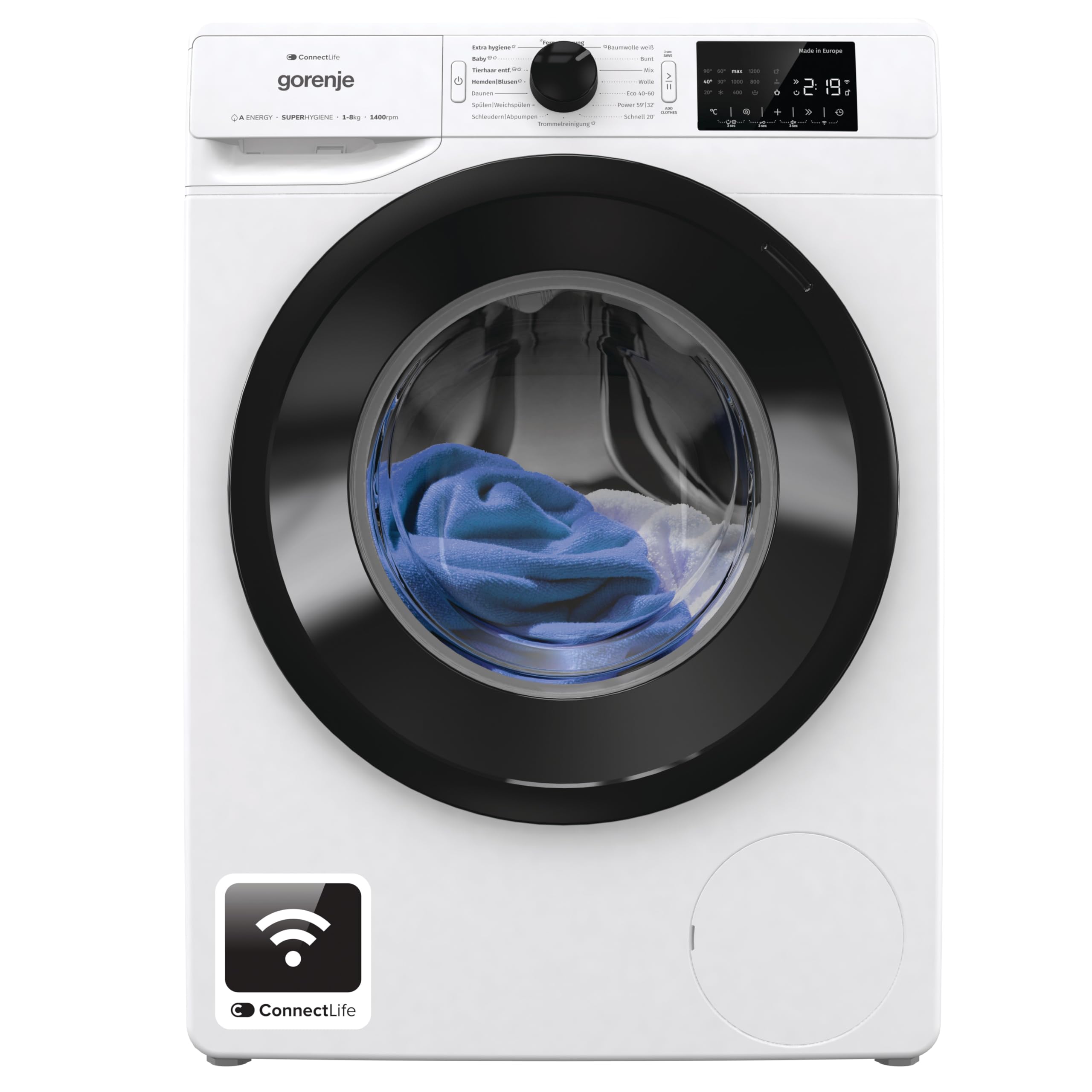 Gorenje WPNEI74A1TS Waschmachine mit Dampffunktion/ConnectLife / 7Kg / 1400 U/min / 15 Programme/Totaler AquaStop/WaveActive Trommel/ExtraHygiene/PowerWash/Schnell Waschgang/Weiß/EEK: A-10%