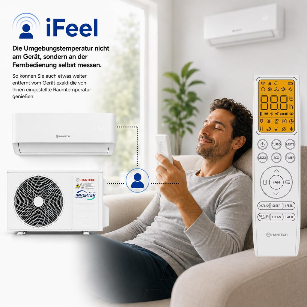 HANTECH H-PRO Split Air Conditioner 12000 BTU for Rooms up to 45 m² as a Complete Set with Copper Lines - Air-to-Air Heat Pump Technology - Smart Home Compatible, WiFi - Heating, Cooling, Dehumidifying
