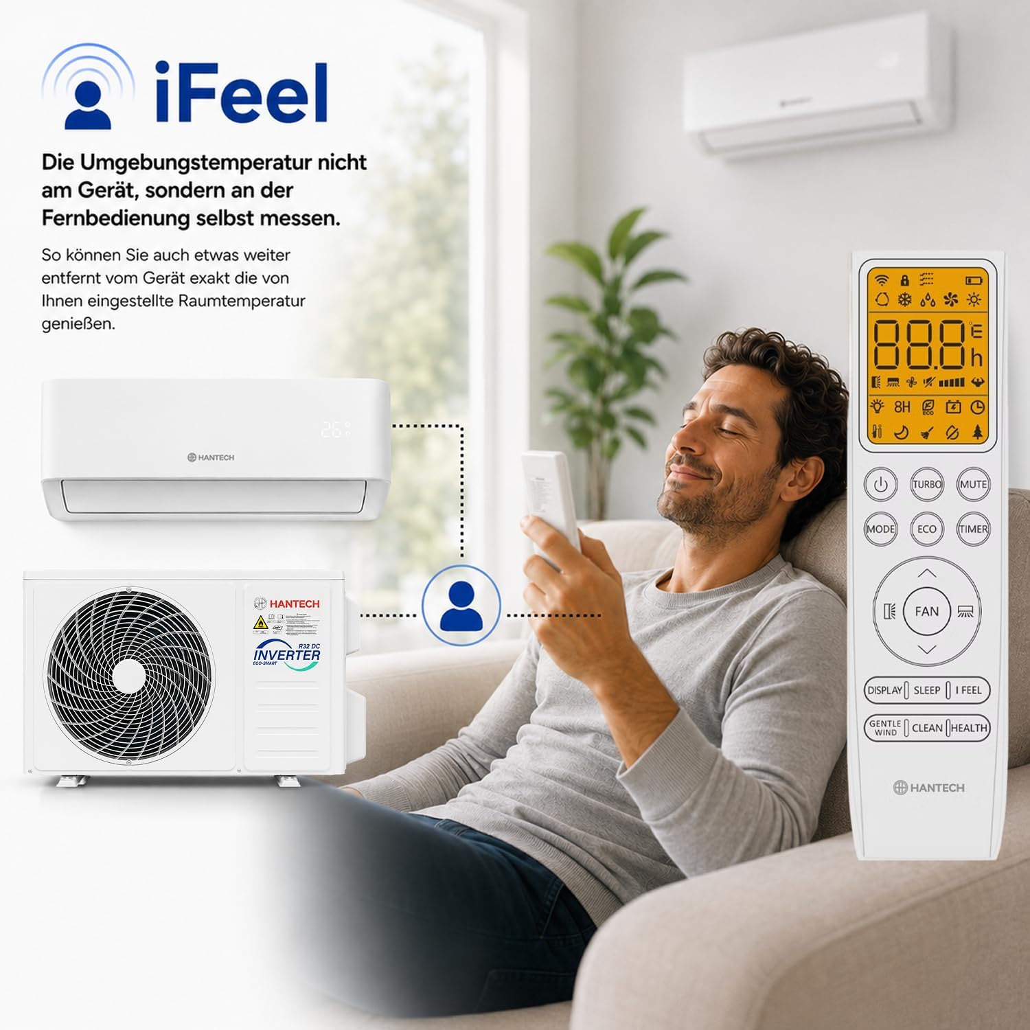 HANTECH H-PRO Split Air Conditioner 12000 BTU for Rooms up to 45 m² as a Complete Set with Copper Lines - Air-to-Air Heat Pump Technology - Smart Home Compatible, WiFi - Heating, Cooling, Dehumidifying