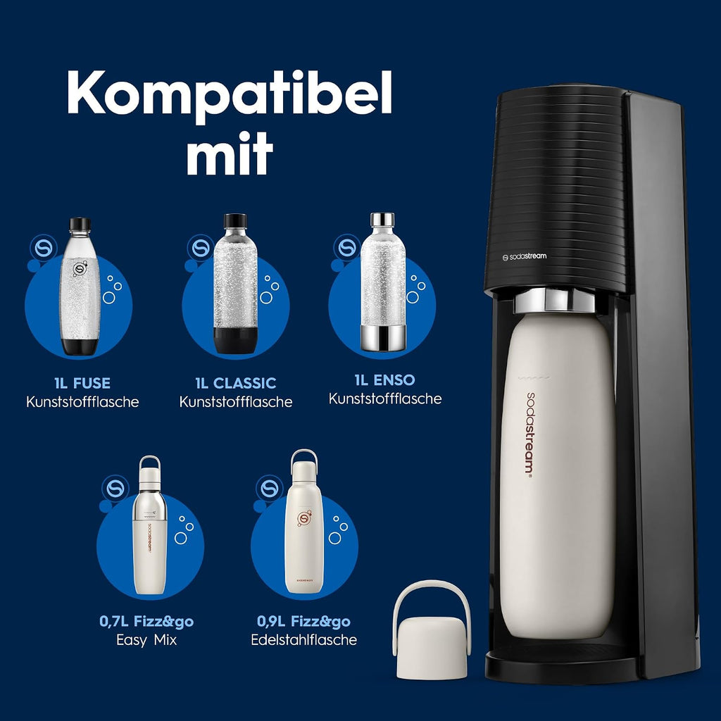 SodaStream TERRA Promopack Water Carbonator with CO2 Cylinder and 3 x 1 L Dishwasher-Safe Plastic Bottles, Height 44 cm, Black